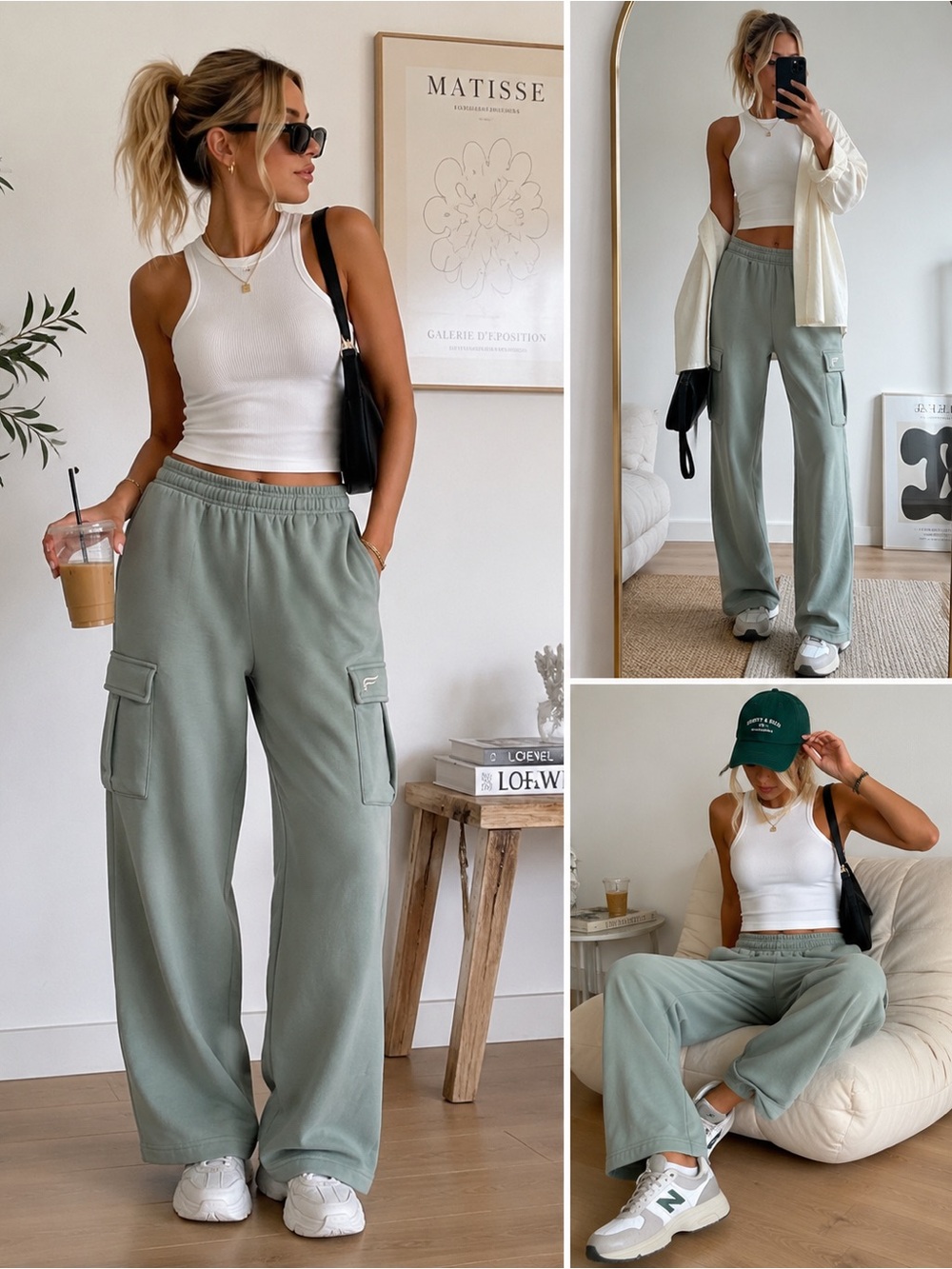 Fabletics Sage Green Wide Leg Cargo Sweatpants Fleece Lounge Pants S